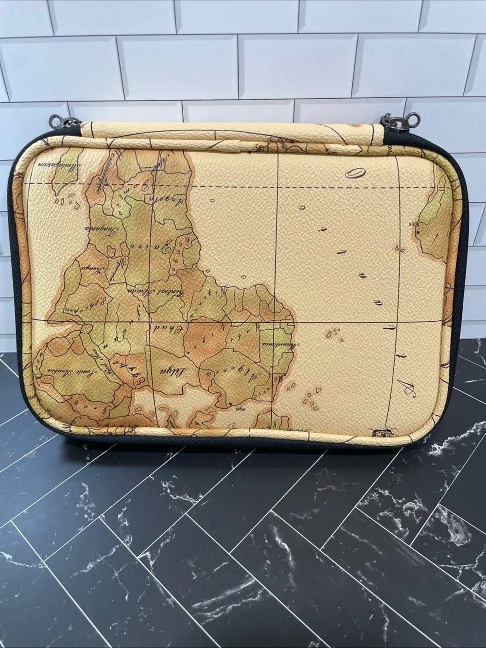Crown Map-Print Travel Pouch in Beige and Black - Picture 3 of 5